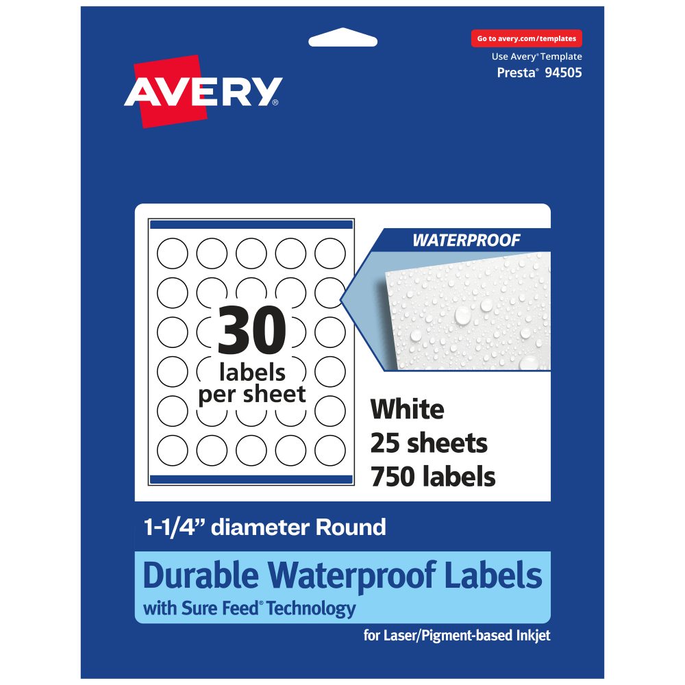 Avery Waterproof Permanent Labels With Sure Feed, 94505-WMF25, Round, 1-1/4in Diameter, White, Pack Of 750 (Min Order Qty 2) MPN:94505-WMF25