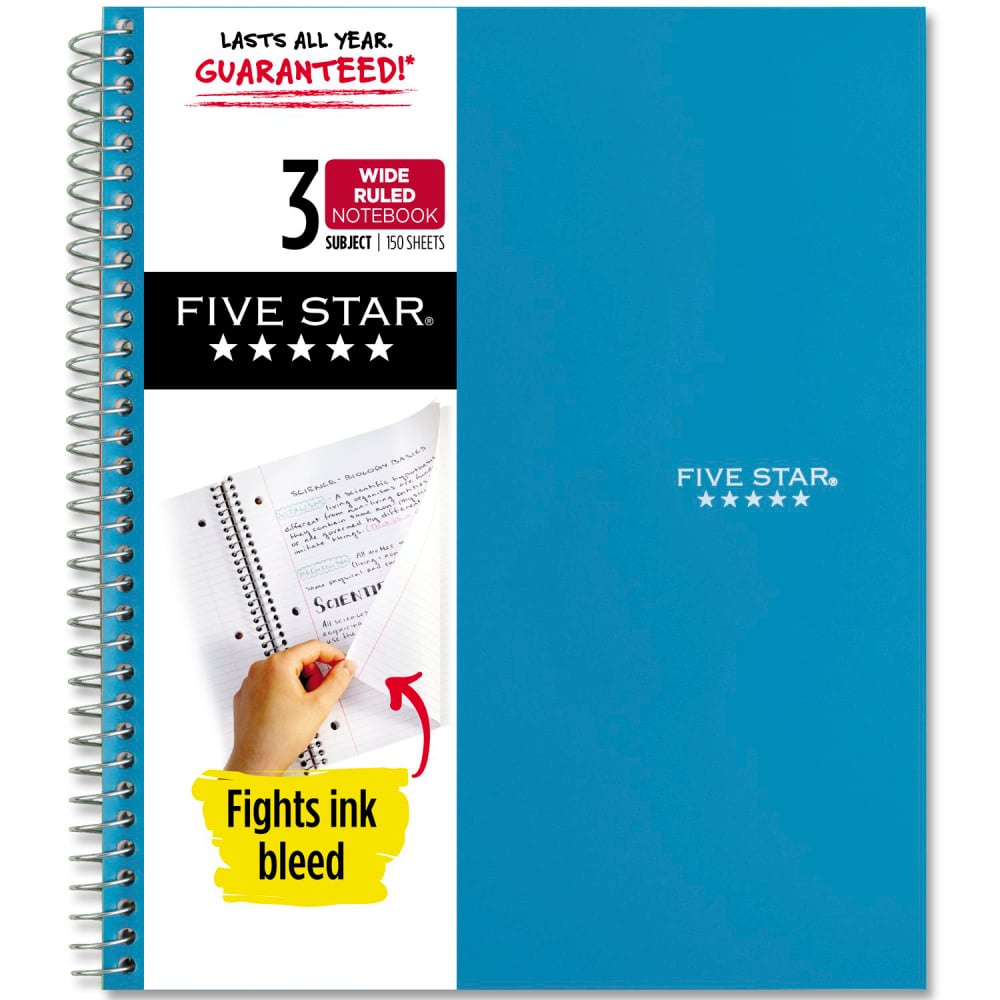 Five Star Wirebound Notebook, 8in x 10-1/2in, 3 Subject, Wide Ruled, 150 Sheets, Tidewater Blue (Min Order Qty 8) MPN:930011CG1-ECM