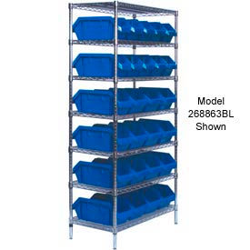 Quantum W7-18-24 Chrome Wire Shelving With 24 QuickPick Double Open Bins Blue 18x36x74 W7-18-24BL