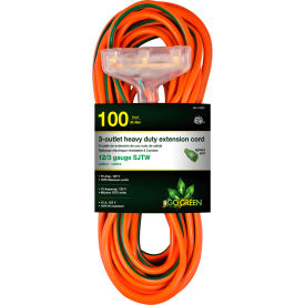 GoGreen Power 12/3 100' 3-Outlet Heavy Duty Extension Cord GG-15200 Lighted End GG-15200
