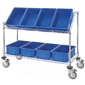 GoVets™ Easy Access Slant Shelf Chrome Wire Cart 8 Blue Grid Containers 48Lx18Wx48H 427BL493