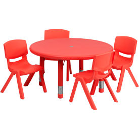 Flash Furniture 33'' Round Plastic Height - Adjustable Activity Table Set with 4 Chairs - Red YCX-0073-2-ROUND-TBL-RED-E-GGYU-