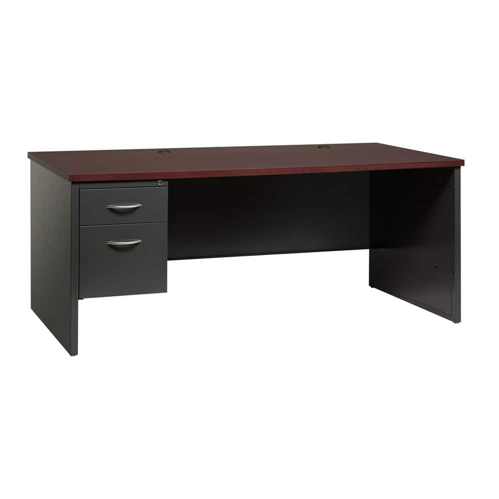 Steel Base Left Pedestal Desk: Woodgrain Laminate Top, Mahogany & Charcoal MPN:20542