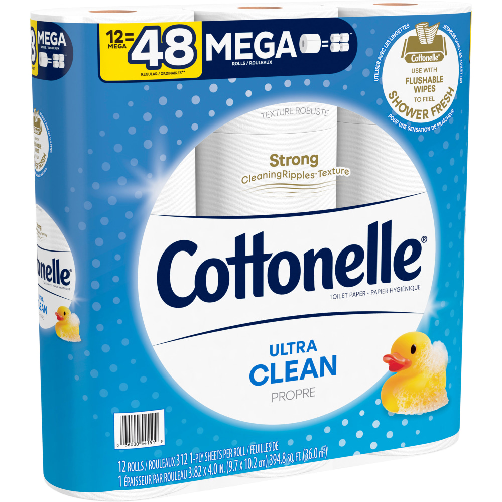 Cottonelle CleanCare 2-Ply Bathroom Tissue, 3in x 3-7/8in, White, 312 Sheets Per Roll, 12 Rolls Per Pack, Carton Of 4 Packs MPN:KCC54151CT