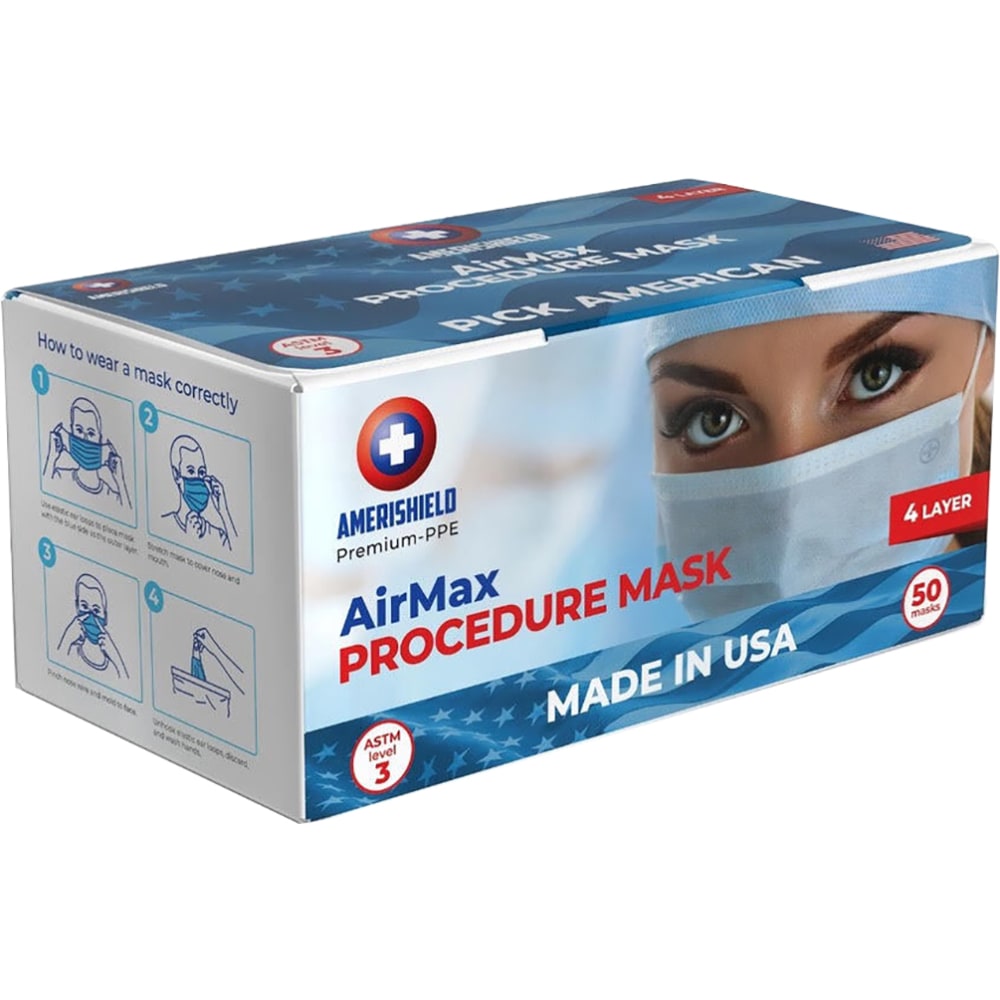 Amerishield AirMax Level 3 Surgical Masks, One Size, Blue, Box Of 50 Masks (Min Order Qty 9) MPN:PPE-M-AS-SUR-S