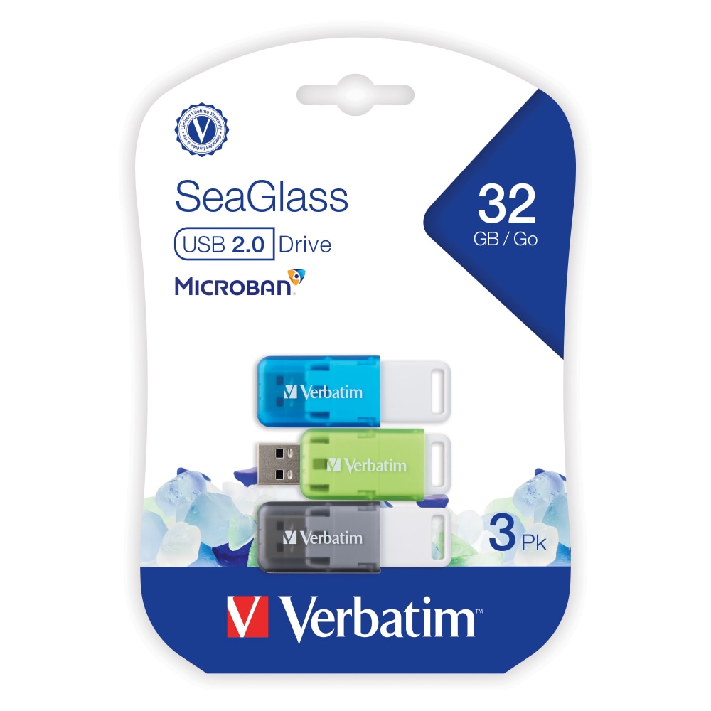 Verbatim SeaGlass USB 2.0 Flash Drives, 32GB, Assorted Colors, Pack Of 3 (Min Order Qty 4) MPN:71266