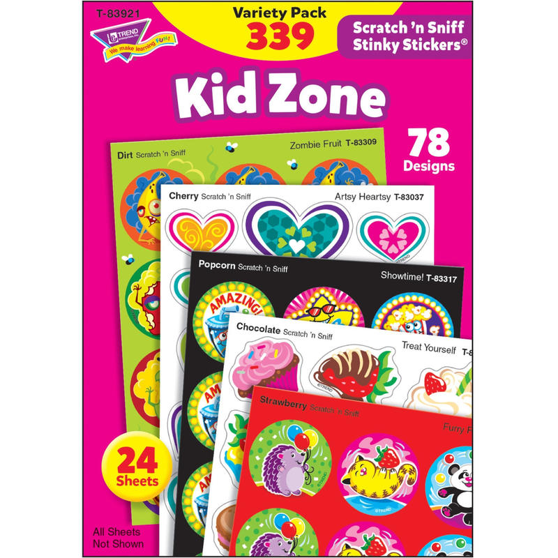 Trend Kid Zone Scratch N Sniff Stinky Stickers - (Furry Fun, Zombie Fruit, Bumper Blast, Artsy Heartsy, Hearty Fun, Party-palooza, Treat Yourself, Showtime!) (Min Order Qty 5) MPN:83921