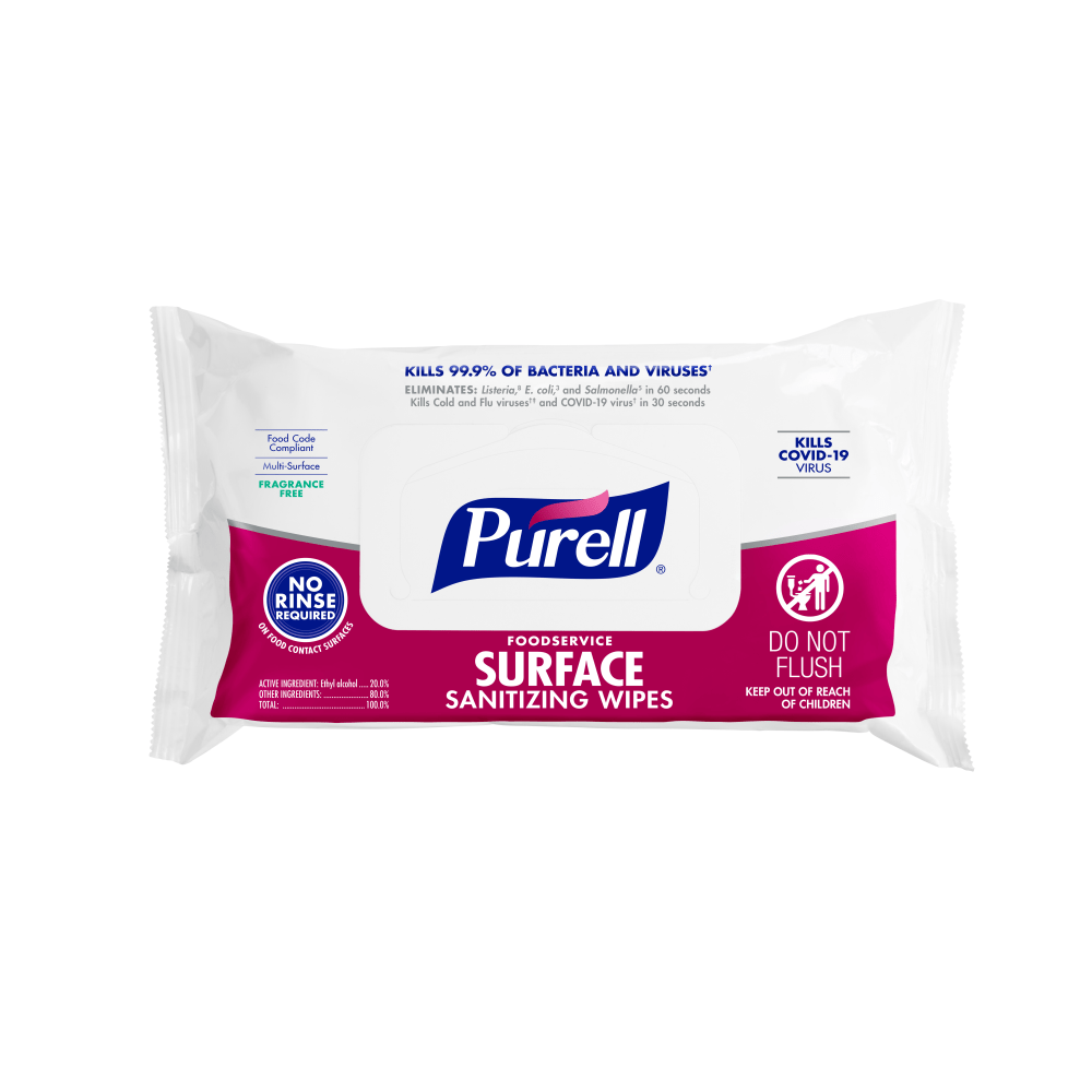 Purell Foodservice Surface Sanitizing Wipes, Fragrance Free, 7-7/16in x 9in, White, Flowpack Of 72 Wipes (Min Order Qty 9) MPN:9371-12EA