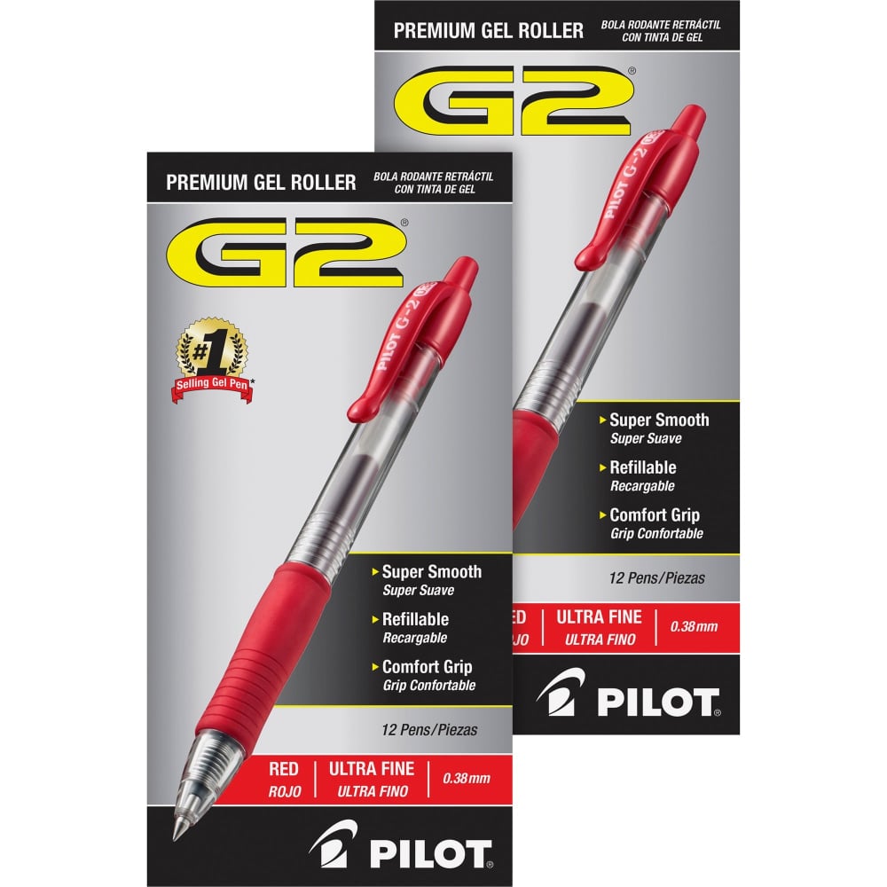 Pilot G2 Premium Gel Roller Retractable Pens - Ultra Fine Pen Point - 0.38 mm Pen Point Size - Refillable - Retractable - Red Gel-based Ink - Clear Barrel - 24 / Bundle (Min Order Qty 2) MPN:PIL31279BD