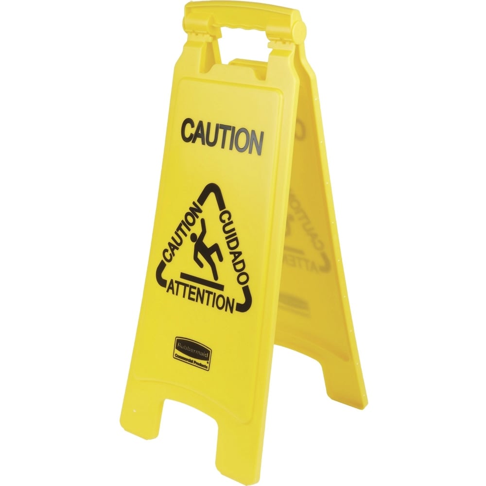 Rubbermaid Commercial Multi-Lingual Caution Floor Sign - 6 / Carton - Caution, Cuidado, Attention Print/Message - 11in Width x 25in Height x 12in Depth - Rectangular Shape - Hanging - Double Sided - Foldable, Lightweight, Durable, Multilingual MPN:611200Y