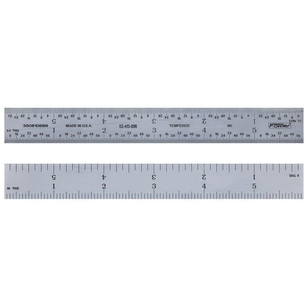 Steel Rules, Material: Steel , Length (Inch): 12 , Graduation (Inch): 1/64, 1/32, 1/16, 1/8 , Tip Style: Flat , Color: Silver  MPN:524130120