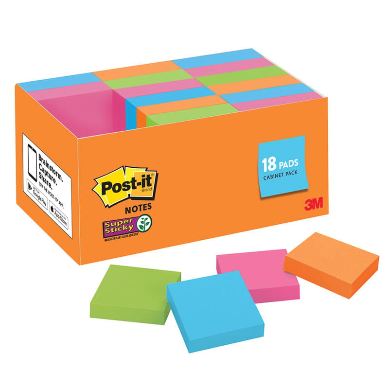 Post-it Super Sticky Notes, 1-7/8 in x 1-7/8 in, 18 Pads, 90 Sheets/Pad, 2x the Sticking Power, Back to School Supplies for Students, Sticky Notes for Textbooks and Notebooks, Energy Boost Collection (Min Order Qty 5) MPN:62218SSAUCP