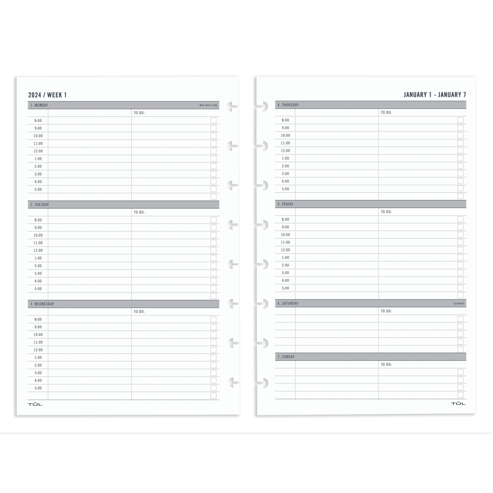 2024 TUL Discbound Weekly Planner Refill Pages, Hourly Appointment Times, Junior Size, January To December (Min Order Qty 7) MPN:TULJRFLR-TIME-RY24