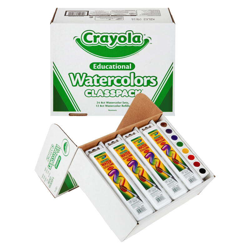 Crayola Educational Watercolors Classpack, Red, Orange, Yellow, Green, Blue, Purple, Black, Pack Of 36 MPN:538101