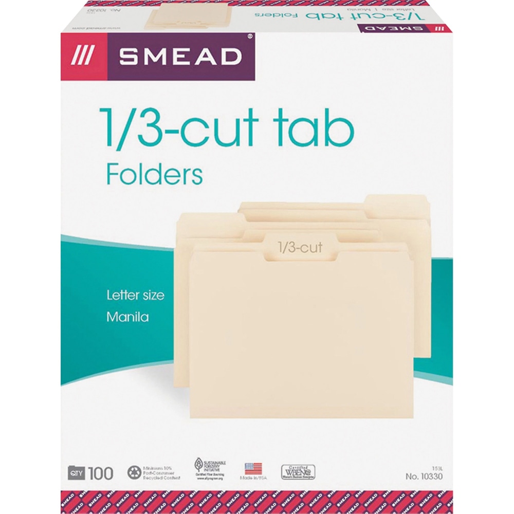 Smead Top Tab File Folders, Letter Size, 8 1/2in x 11in, 1/3 Tab Cut, Assorted Tab Position, 3/4in Expansion, Manila, Carton Of 500 Folders MPN:10330CT