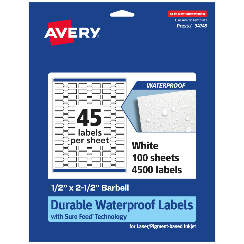 Avery Waterproof Permanent Labels With Sure Feed, 94749-WMF100, Barbell, 1/2in x 2-1/2in, White, Pack Of 4,500 MPN:7278221917