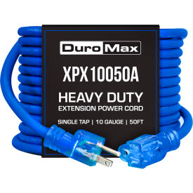 DuroMax Heavy Duty Single Tap Extension Power Cord SJEOOW 10 Gauge 15A 120V 50'L Blue XPX10050A