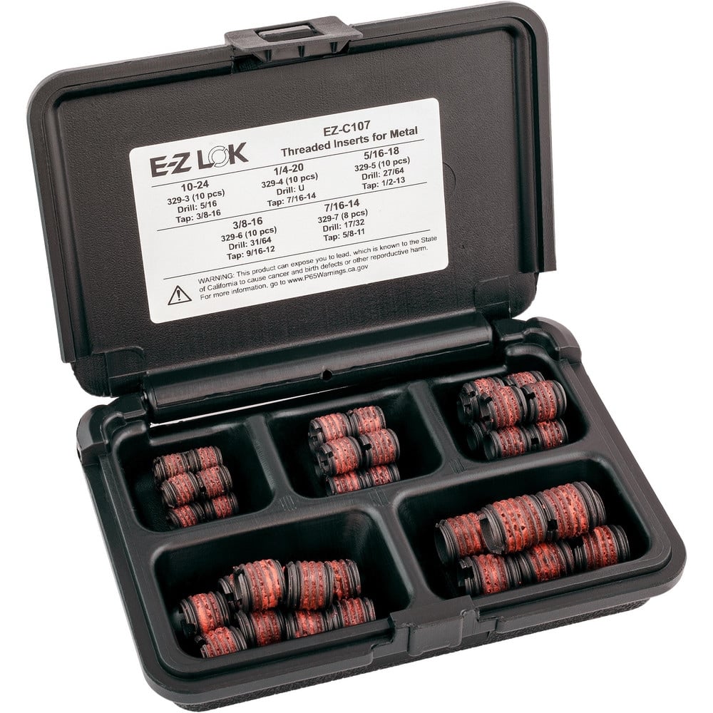 Thread Repair Kits, Kit Type: Threaded Insert , Insert Thread Size (Inch): #10-24, 1/4-20, 5/16-18, 3/8-16, 7/16-14 , Includes Drill: No , Includes Tap: No  MPN:EZ-C107