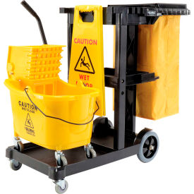 GoVets™ Janitor Cart Black with Mop Bucket and Wet Floor Sign 308800