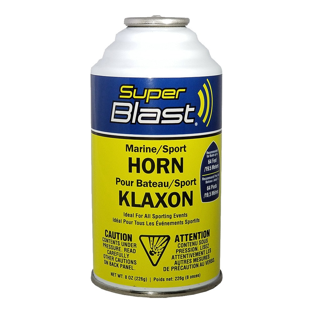 Super Blast Safety Air Horn emits a powerful blast of noise that is ideal for construction sites and for use with heavy machinery, such as, fork lifts, backhoes, front loaders, etc. Meets U.S. Coast Guard requirements for boats 65 MPN:HR8-1891