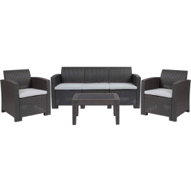 Flash Furniture® 4 Piece Faux Rattan Outdoor Sofa Set Dark Gray w/ Light Gray Cushions -SF-113T-DKGY-GGDAD