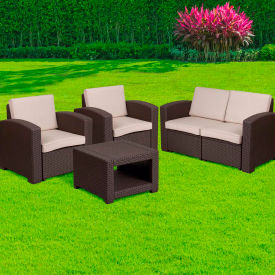 Flash Furniture® 4 Piece Faux Rattan Outdoor Patio Set Chocolate Brown w/ Beige Cushions -SF-112T-CBN-GGDAD