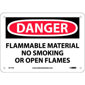 NMC™ Signs w/ Safety Message Flammable Material No Smoking 1-1/4 Mil Thick 10