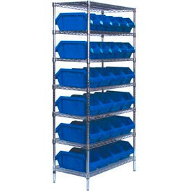 Quantum W7-12-26 Chrome Wire Shelving With 26 QuickPick Double Open Bins Blue 18x36x74 W7-12-26BL