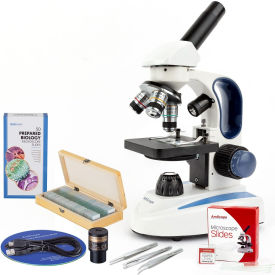 AmScope 40X-1000X Monocular Microscope 5MP Digital Camera 50-pc Slide Sets & 3-pc Tweezers Sets VB-M158C-2L-PRO