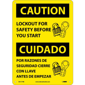 NMC™ Bilingual Plastic Sign Caution Lockout For Safety Before You Start 10