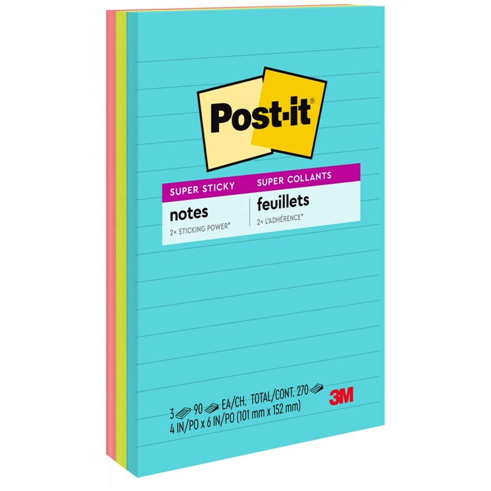 Post-it Super Sticky Notes, 4 in x 6 in, 3 Pads, 90 Sheets/Pad, 2x the Sticking Power, Supernova Neons Collection, Lined (Min Order Qty 6) MPN:660-3SSMIA