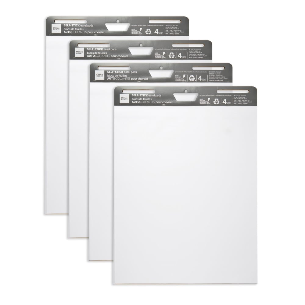 Office Depot Brand Self-Stick Easel Pads, 25in x 30in, 30 Sheets, 80% Recycled, White, Pack Of 4 Pads MPN:21509-4PK