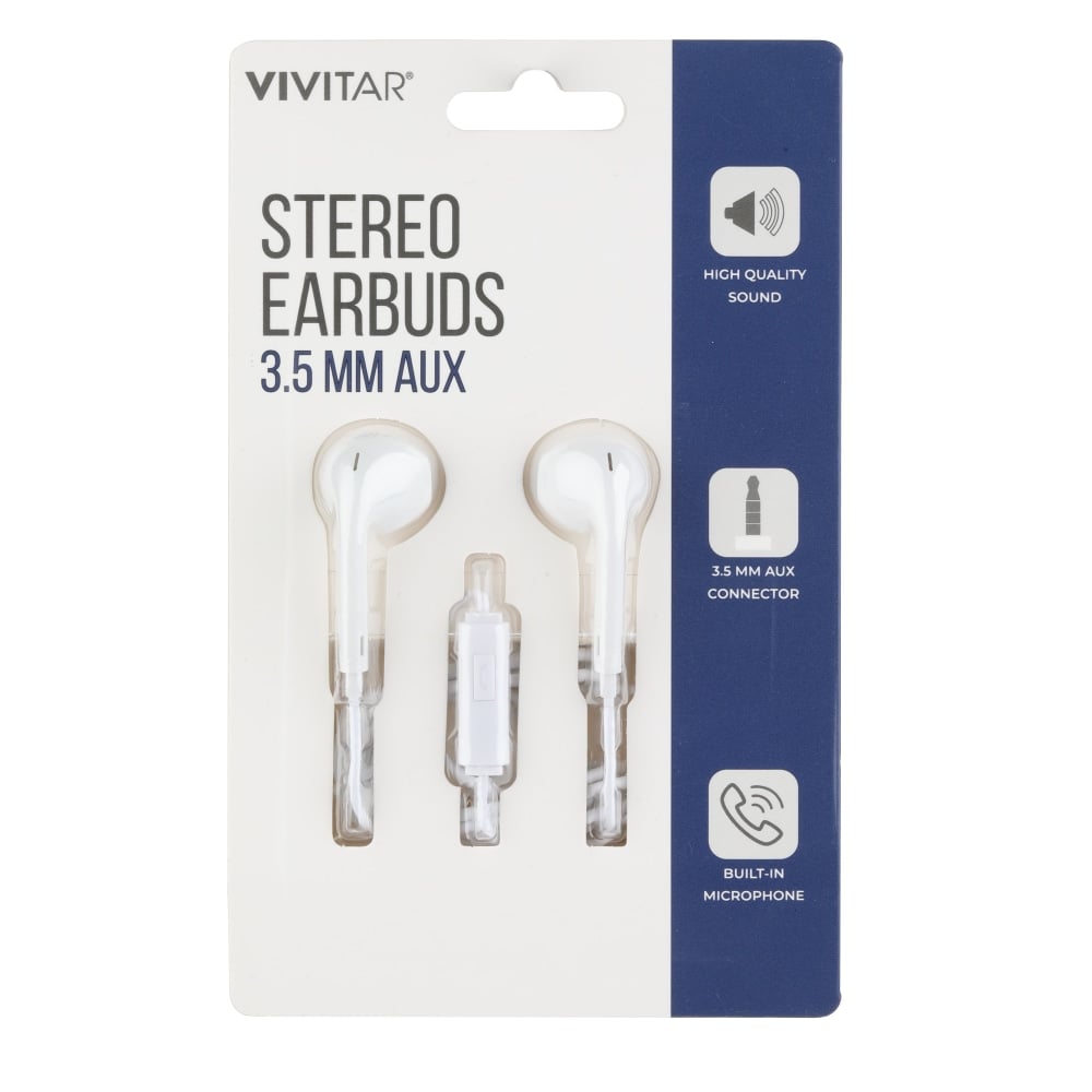 Vivitar Wired Stereo Earbuds, White, NIL8001 (Min Order Qty 20) MPN:NIL8001-WHT-STK-24