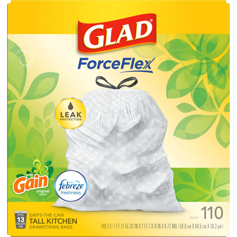 Glad ForceFlex Tall Kitchen Drawstring Trash Bags, 13 Gallon, Gain Original with Febreze Freshness, 110 Count (Min Order Qty 3) MPN:CLO79114