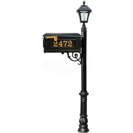 Mailbox Post (Ornate Base & Black Bayview Solar Lamp) with Vinyl Numbers Support Brace Black LMCV-700-SL-BL