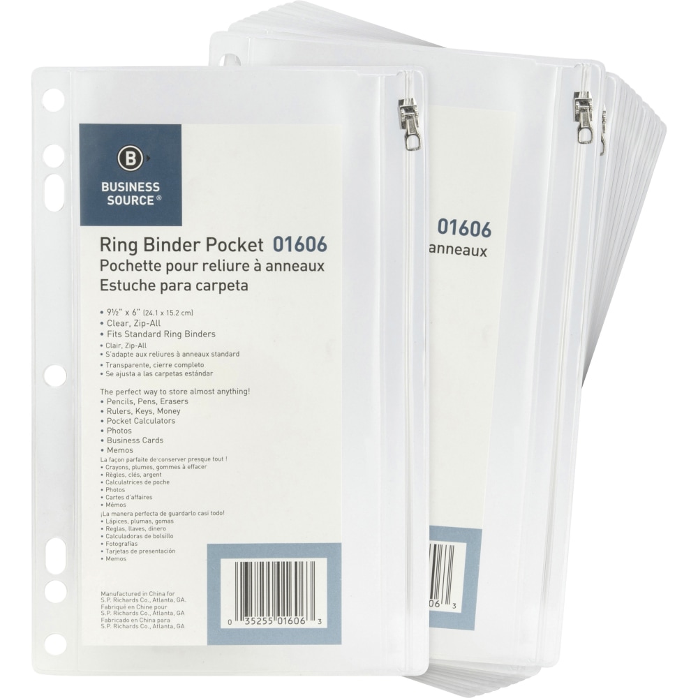 Business Source Punched Economy Binder Pocket - 9.5in Height x 6in Width - 7 x Holes - Ring Binder - Clear - Plastic - 24 / Box (Min Order Qty 3) MPN:01606BX