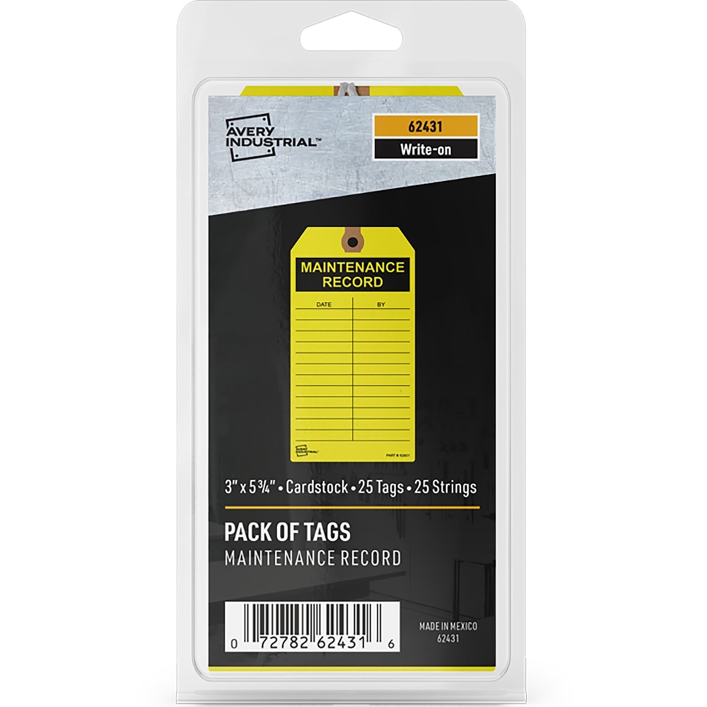 Avery Preprinted MAINTENANCE RECORD Hang Tags - 5.75in Length x 3in Width - 25 / Pack - Card Stock - Yellow (Min Order Qty 9) MPN:62431