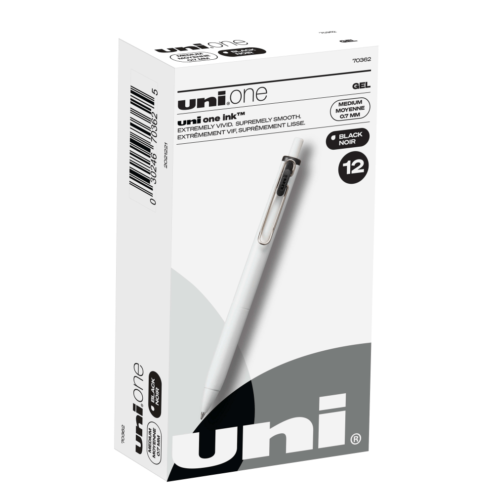 Uni-Ball One Retractable Gel Pens, Medium Point, 0.7 mm, White Barrel, Black Ink, Pack Of 12 Pens (Min Order Qty 6) MPN:70362