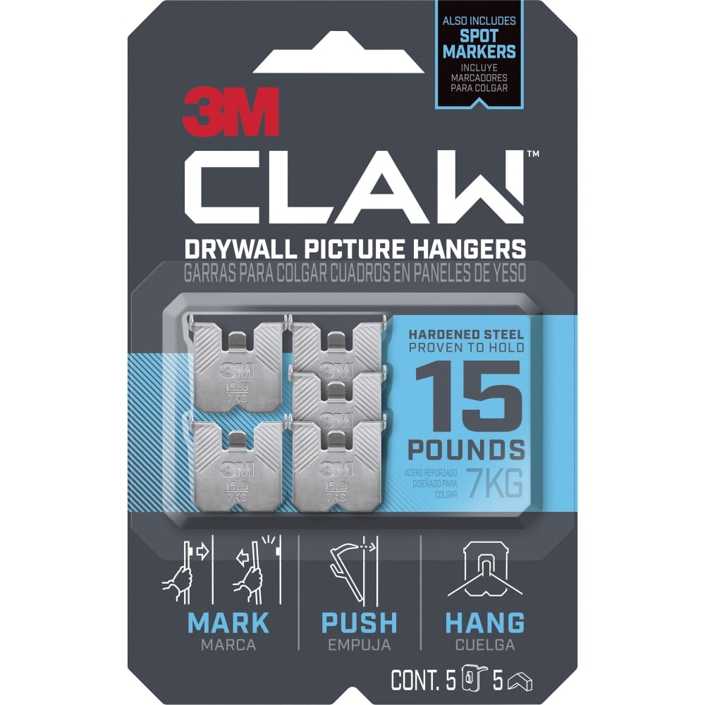 3M CLAW Drywall Picture Hanger - 15 lb (6.80 kg) Capacity - for Pictures, Mirror, Decoration, Art, Home - Gray - 5 Each (Min Order Qty 6) MPN:MMM3PH15M5ES