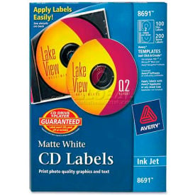 Avery 8691 Inkjet CD/DVD Labels Matte White 100/Pack 8691