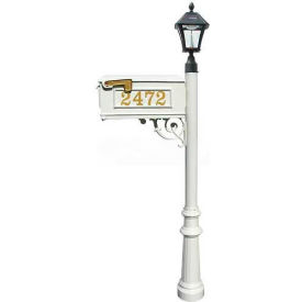 Mailbox Post (Fluted Base & Black Bayview Solar Lamp) with Vinyl Numbers Support Brace White LMCV-800-SL-WHT