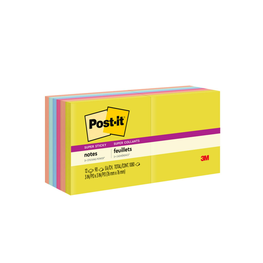 Post-it Super Sticky Notes, 3 in x 3 in, 12 Pads, 90 Sheets/Pad, 2x the Sticking Power, Summer Joy Collection (Min Order Qty 4) MPN:654-12SSJOY