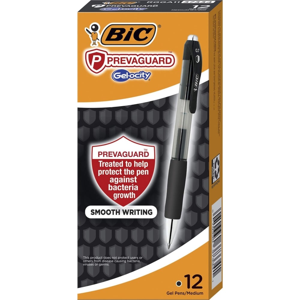 BIC PrevaGuard Gel-ocity Gel Pens, Pack Of 12, Medium Point, 0.7 mm, Black Barrel, Black Ink (Min Order Qty 3) MPN:RGGA11BK