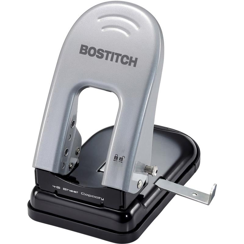 Bostitch EZ Squeeze 40 Two-Hole Punch - 2 Punch Head(s) - 40 Sheet Capacity - 9/32in Punch Size - 6.5in x 2.8in - Black, Silver (Min Order Qty 2) MPN:2340