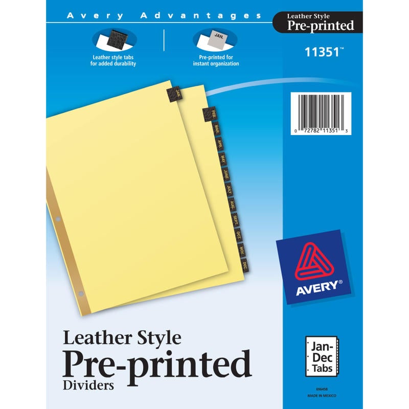 Avery Jan-Dec Dividers For 3 Ring Binders, 8-1/2in x 11in, 12-Tab Set, Pre-Printed Black Leatherette Tabs, 1 Binder Divider Set (11351) (Min Order Qty 12) MPN:L21312