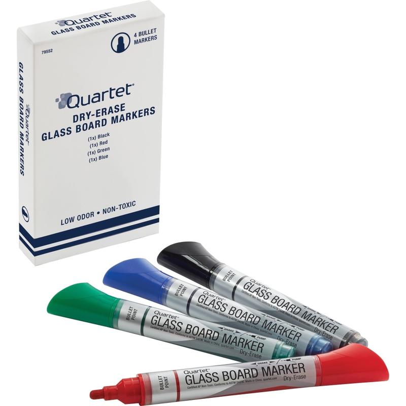 Quartet Premium Glass Board Dry-Erase Markers, Bullet Tip, Assorted Colors, 4 Pack - Bullet Marker Point Style - Black, Blue, Red, Green - 4 / Pack (Min Order Qty 6) MPN:79552