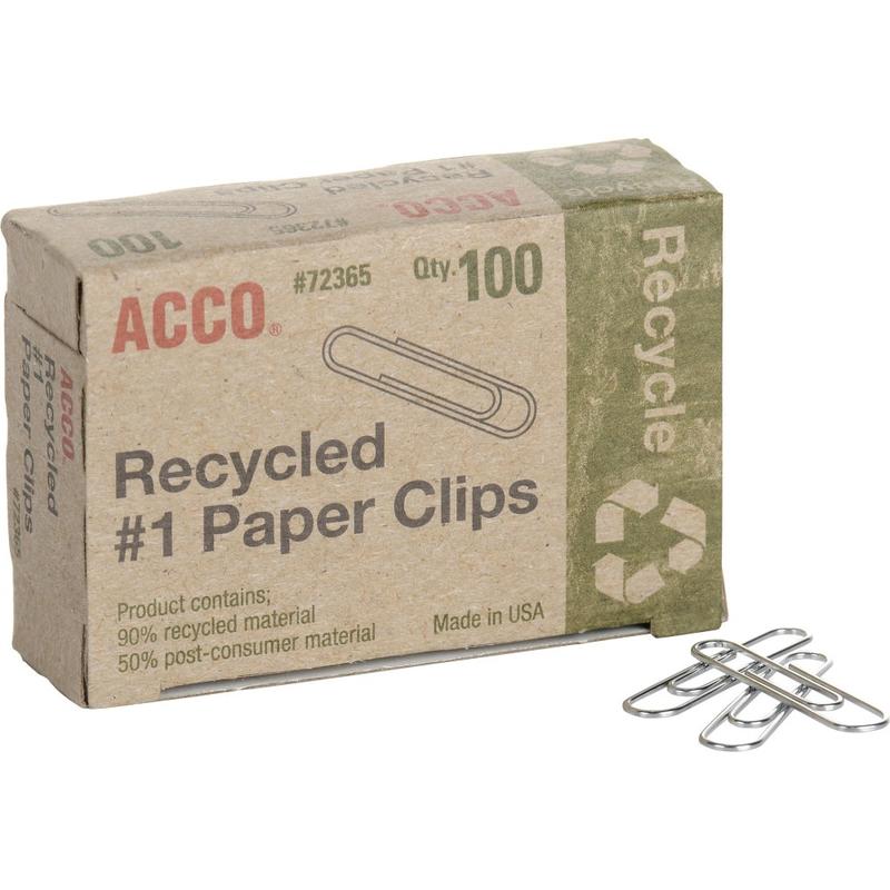 ACCO Paper Clips, 1000 Total, Silver, Recycled, 100 Per Box, Pack Of 10 Boxes (Min Order Qty 9) MPN:72365PK