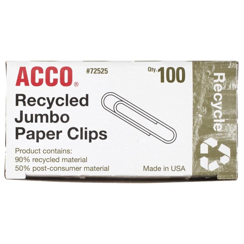 ACCO Paper Clips, Box Of 100, Jumbo, 90% Recycled, Silver (Min Order Qty 26) MPN:72525