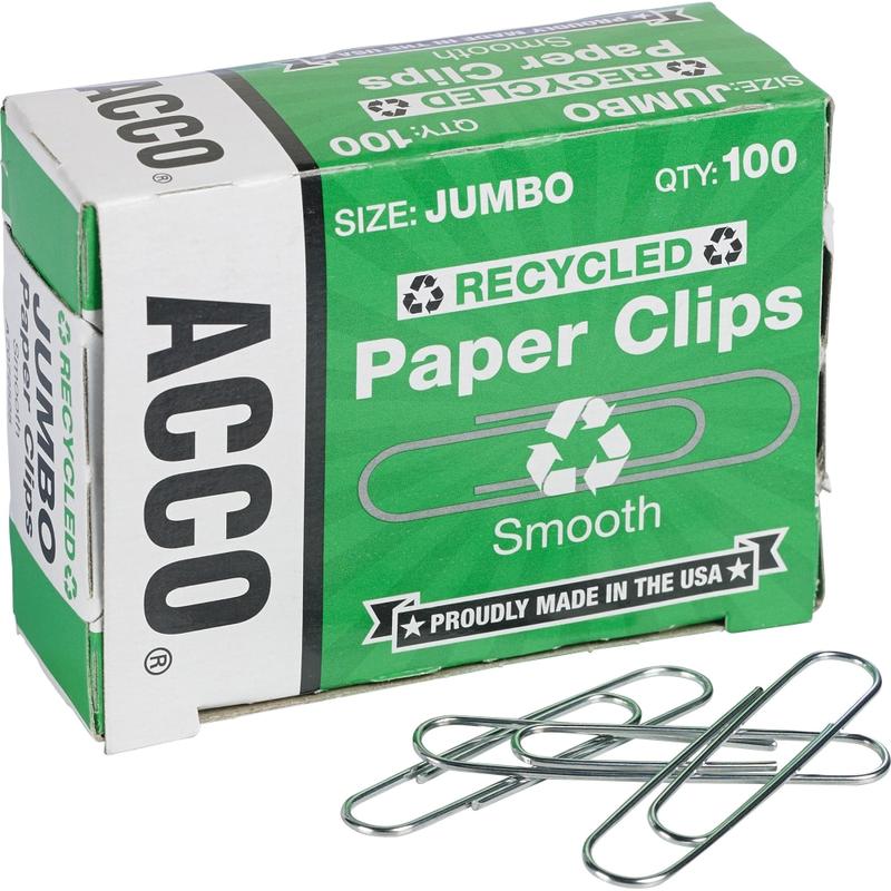 ACCO Paper Clips, 1000 Total, Jumbo, 90% Recycled, Silver, 100 Per Pack, Box Of 10 Packs (Min Order Qty 3) MPN:72525PK