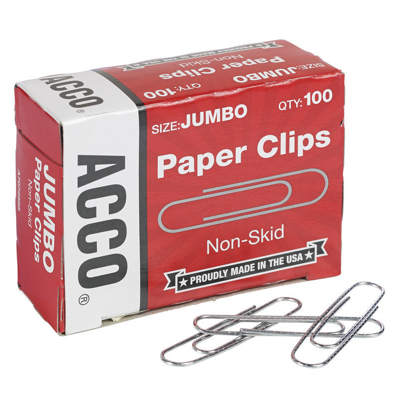 ACCO Economy Non-Skid Paper Clips, 1000 Total, Jumbo, Silver, 100 Per Box, Pack Of 10 Boxes (Min Order Qty 4) MPN:72585